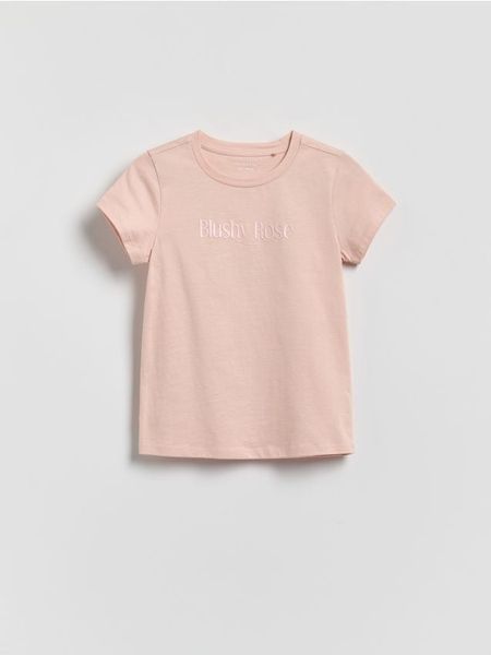 T-shirt z wypukłym napisem - brudny róż. Czerwone koszulki dziewczęce Reserved, bez wzorów, z bawełny, bez ramiączek. Za 19.99 zł.