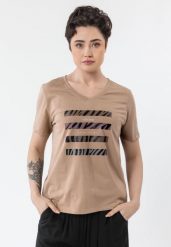 Koszulka z nadrukiem T-FOUR. Brązowe topy sportowe damskie Volcano, plus size, z aplikacjami, z bawełny, bez ramiączek. Za 69.99 zł.