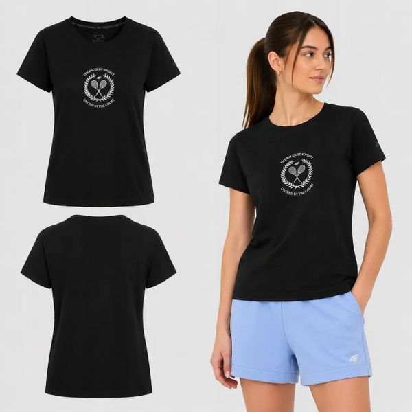 KOSZULKA DAMSKA 4F T-SHIRT BAWEŁNIANY DO TENISA F2723 SS26. Czarne bluzki sportowe damskie 4f, uniwersalny, bez wzorów, z bawełny, bez ramiączek. Za 46.28 zł.