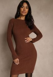 Brązowa Sweterkowa Dopasowana Sukienka z Bawełną Reileta. Brązowe sukienki damskie Renee, na spotkanie biznesowe, bez wzorów, z bawełny, bez kołnierzyka, bez ramiączek, dopasowane. Za 89.99 zł.