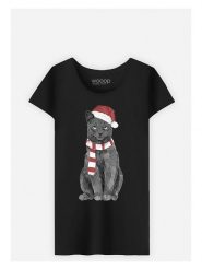 WOOOP Koszulka "Xmas Cat" w kolorze czarnym rozmiar: L. Czarne bluzki damskie Wooop, l, bez wzorów, z bawełny, bez kołnierzyka, bez ramiączek. Za 61.46 zł.