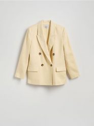 Lniana marynarka - jasnożółty. Żółte marynarki i żakiety damskie Reserved, l, bez wzorów, z tkaniny. W wyprzedaży za 179.99 zł.