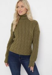 Ciemnozielony Sweter z Golfem w Warkoczowy Splot ze Ściągaczami Maraiwai. Zielone golfy damskie Born2be, bez wzorów, ze splotem, bez ramiączek. Za 109.99 zł.