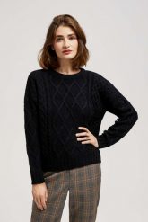 Sweter z ozdobnym splotem długimi rękawami czarny. Czarne swetry klasyczne damskie MOODO, l, ze splotem, bez kołnierzyka. W wyprzedaży za 55.99 zł.