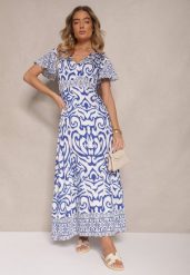Niebieska Rozkloszowana Sukienka Zdobiona Ornamentalnym Printem Tillinelle. Niebieskie sukienki damskie Renee, na co dzień, na lato, m, z aplikacjami, eleganckie, bez kołnierzyka, bez ramiączek, maxi, kopertowe. W wyprzedaży za 62.99 zł.