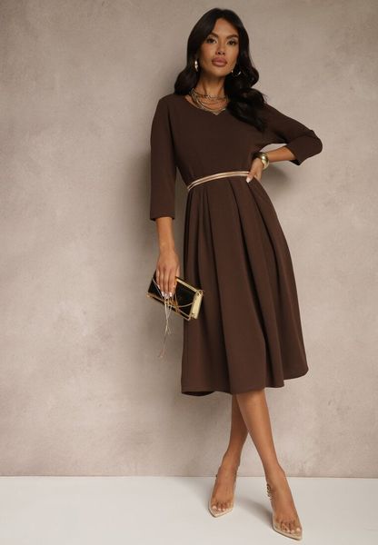 Brązowa Sukienka o Rozkloszowanym Kroju z Rękawem Długości 3/4 Nomini. Brązowe sukienki damskie Renee, na randkę, l, bez wzorów, eleganckie, bez kołnierzyka, bez ramiączek, midi, rozkloszowane. Za 89.99 zł.