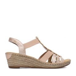 Sandały Rieker. Czerwone sandały damskie Rieker, bez wzorów, bez obcasa, na koturnie. Za 319.99 zł.