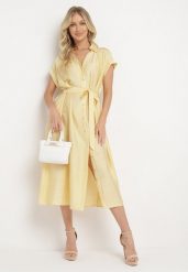 Żółta Koszulowa Sukienka na Guziki z Materiałowym Paskiem w Talii Qisofia. Żółte sukienki damskie Born2be, na co dzień, l, bez wzorów, z materiału, eleganckie, bez kołnierzyka, bez ramiączek, midi, koszulowe. W wyprzedaży za 111.99 zł.