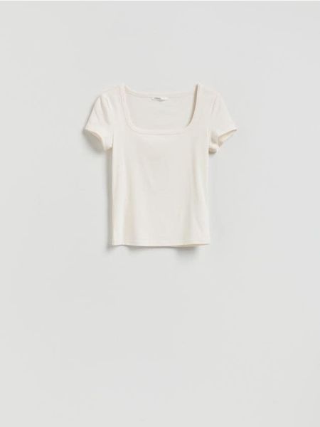 T-shirt z dekoltem karo - złamana biel. T-shirty damskie Reserved, l, bez wzorów, z bawełny, bez kołnierzyka. Za 39.99 zł.