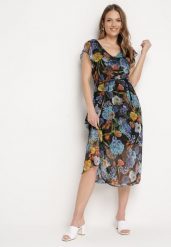 Czarno-Niebieska Sukienka Rozkloszowana Midi w Kwiatowy Print Nelettia. Czarne sukienki damskie Born2be, do pracy, l, bez wzorów, biznesowe, bez kołnierzyka, bez ramiączek, midi, rozkloszowane. W wyprzedaży za 63.99 zł.