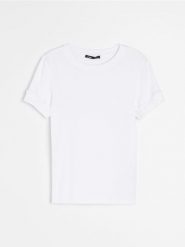 Jednolita koszulka z krótkim rękawem i domieszką modalu - biały. Białe t-shirty damskie Sinsay, l, bez wzorów, bez kołnierzyka. Za 19.99 zł.