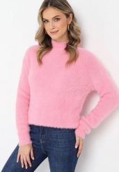 Różowy Sweter z Półgolfem i Dłuższym Włosiem Evassem. Czerwone swetry klasyczne damskie Born2be, z dzianiny, bez kołnierzyka. Za 54.99 zł.