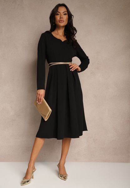 Czarna Sukienka o Rozkloszowanym Kroju z Trójkątnym Dekoltem Temivara. Czarne sukienki damskie Renee, na co dzień, m, bez wzorów, z jeansu, eleganckie, bez kołnierzyka, bez ramiączek, midi, proste. Za 109.99 zł.