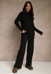 Czarny Komplet z Wełną i Bawełną Szerokie Spodnie i Sweter o Długim Kroju Reilissa. Czarne spodnie materiałowe damskie Renee, bez wzorów, z bawełny. Za 139.99 zł.