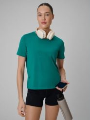 4F Koszulka treningowa loose szybkoschnąca damska - turkusowa M. Niebieskie bluzki damskie 4f, m, bez wzorów, bez kołnierzyka, bez ramiączek. Za 79.99 zł.