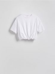 Krótki t-shirt - biały. Białe t-shirty damskie Reserved, l, bez wzorów, z bawełny, bez kołnierzyka. W wyprzedaży za 35.99 zł.