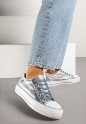 Srebrno-Niebieskie Trampki pod Kostkę Ozdobione Napisem i Brokatem Terlevia. Szare trampki i tenisówki damskie Born2be, bez wzorów, z jeansu. Za 69.99 zł.