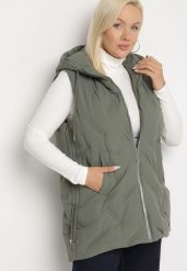 Zielona Przejściowa Kamizelka z Pikowanymi Przeszyciami i Kapturem Fesolira. Zielone kamizelki damskie Born2be, plus size, z jeansu. Za 139.99 zł.