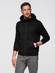 Rozpinana bluza męska z kapturem z gładkiej dzianiny - czarna V1 - Rozmiar: XL. Czarne bluzy z kapturem męskie Ombre Clothing, m, z dzianiny. Za 229.99 zł.