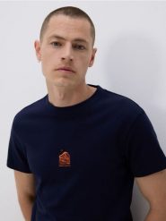 T-shirt slim z nadrukiem - granatowy. Niebieskie t-shirty męskie Reserved, l, bez wzorów, z bawełny, bez kołnierzyka. W wyprzedaży za 39.99 zł.