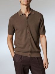 Rozpinany sweter polo - brązowy. Brązowe kardigany męskie Reserved, l, bez wzorów, z bawełny, bez kołnierzyka. Za 139.99 zł.