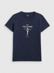 4F T-shirt regular z nadrukiem damski - granatowy M. Niebieskie t-shirty damskie 4f, m, bez wzorów, z bawełny, bez kołnierzyka. Za 49.99 zł.