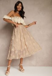 Beżowa Tłoczona Spódnica o Rozkloszowanym Kroju z Gumką w Pasie Folunetta. Brązowe spódniczki damskie Renee, l, bez wzorów, eleganckie, midi, rozkloszowane. Za 74.99 zł.
