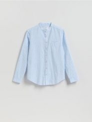 Koszula slim fit z lnem - jasnoniebieski. Niebieskie koszule męskie Reserved, l, bez wzorów, z bawełny, bez kołnierzyka, bez ramiączek. Za 119.99 zł.