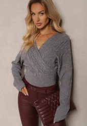 Szary Kopertowy Sweter z Domieszką Wiskozy z Nietoperzowymi Rękawami Patiara. Szare swetry klasyczne damskie Renee, z jeansu, bez kołnierzyka. Za 74.99 zł.