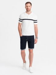 Męskie szorty jeansowe z podwiniętymi nogawkami – granatowe V1 OM-SRDS-0134 - XXL. Niebieskie szorty męskie Ombre Clothing, na lato, bez wzorów, z bawełny, eleganckie. W wyprzedaży za 79.99 zł.