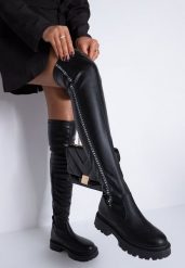 Czarne Kozaki z Dopasowaną Cholewką i Ozdobną Taśmą z Logo Naorema. Czarne kozaki damskie Renee, z dzianiny, bez obcasa, na obcasie. Za 139.99 zł.