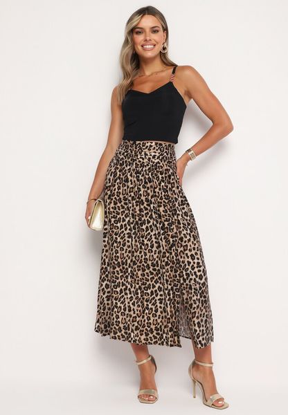 Beżowa Wiskozowa Spódnica z Wysokim Stanem i Gumką w Talii w Panterkę Vimalore. Brązowe spódniczki damskie Born2be, l, z aplikacjami, z wiskozy, klasyczne, z podwyższonym stanem, maxi. Za 89.99 zł.