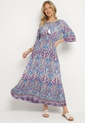 Niebieska Rozkloszowana Sukienka Bawełniana we Wzór Paisley z Chwostami Elliassa. Niebieskie sukienki damskie Born2be, na co dzień, na lato, l, bez wzorów, z bawełny, bez kołnierzyka, bez ramiączek, rozkloszowane. W wyprzedaży za 71.99 zł.