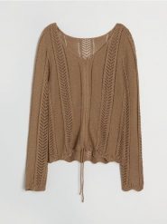 Ażurowy sweter ze ściągaczem - brązowy. Brązowe swetry klasyczne damskie Sinsay, l, bez kołnierzyka. Za 49.99 zł.