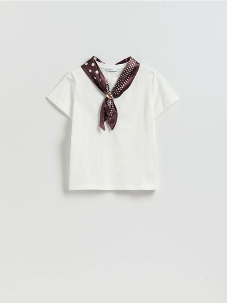 T-shirt z apaszką - biały. Białe t-shirty damskie Reserved, l, bez wzorów, z bawełny, bez kołnierzyka. Za 89.99 zł.