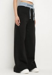 Czarno-Niebieskie Szerokie Spodnie z Bawełną Wysokim Stanem i Wstawką Imitującą Jeans Tannira. Czarne jeansy damskie Born2be, z podwyższonym stanem. Za 54.99 zł.