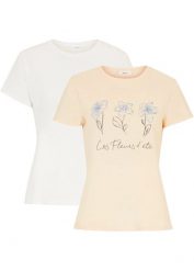 T-shirt basic z nadrukiem (2 szt.). Brązowe t-shirty damskie bonprix, bez wzorów, bez kołnierzyka. Za 49.98 zł.