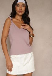 Fioletowy Top z Bawełną i Modalem z Wiązaniem przy Ramiączkach Lileria. Fioletowe topy damskie Renee, l, bez wzorów, z bawełny, bez kołnierzyka. Za 34.99 zł.