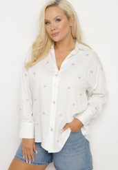 Biała Koszula z Wiskozą w Drobne Hafty Navellea. Białe koszule damskie Born2be, plus size, bez wzorów, z jeansu, eleganckie, bez kołnierzyka, plus size, bez ramiączek. Za 84.99 zł.