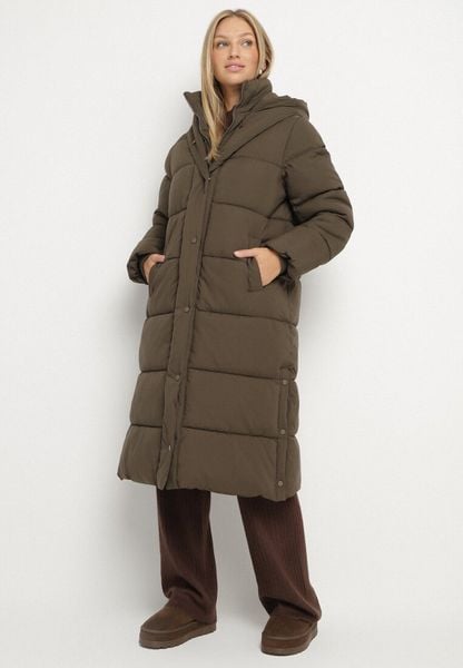 Ciemnozielona Długa Pikowana Kurtka z Kapturem Acaltte. Zielone kurtki damskie Born2be, na zimę, l, bez wzorów, z jeansu, z kapturem. Za 179.99 zł.