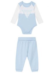 Guess Komplet body i spodnie H6YG04 4K4125 Niebieski jasny. Niebieskie spodnie niemowlęce Guess, z aplikacjami, z bawełny. Za 194.99 zł.