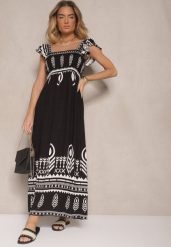 Czarna Wiskozowa Sukienka Rozkloszowana w Ornamentalny Wzór Lisaretia. Czarne sukienki damskie Renee, na co dzień, l, z aplikacjami, z wiskozy, eleganckie, bez kołnierzyka, bez ramiączek, maxi, rozkloszowane. W wyprzedaży za 62.99 zł.