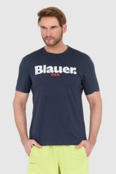 BLAUER Granatowy męski t-shirt z dużym logo. Niebieskie t-shirty męskie Blauer USA, l, bez wzorów, bez kołnierzyka. W wyprzedaży za 129.99 zł.