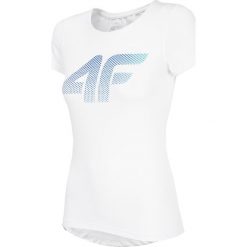 Koszulka treningowa damska TSDF302A - biały. Białe t-shirty damskie 4f, bez wzorów, z materiału, bez kołnierzyka. W wyprzedaży za 49.99 zł.