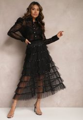 Czarna Rozkloszowana Spódnica Maxi z Falbankami i Cekinami Noobi. Czarne spódniczki damskie Renee, m, bez wzorów, z materiału, eleganckie, maxi, rozkloszowane. Za 74.99 zł.