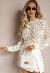 Biały Sweter z Naszytymi Kwiatami i Ażurowym Motywem Lindarsia. Białe swetry klasyczne damskie Renee, m, bez kołnierzyka. Za 129.99 zł.
