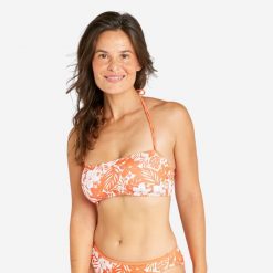 Góra kostiumu kąpielowego surfingowego damska Olaian Lori Borneo. Brązowe bikini damskie Decathlon, bez wzorów. Za 14.99 zł.