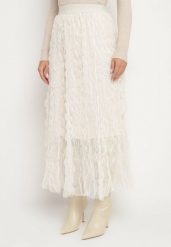 Jasnobeżowa Rozkloszowana Spódnica z Półtransparentnego Materiału z Ozdobnym Tłoczeniem Zerivra. Brązowe spódniczki damskie Born2be, l, bez wzorów, eleganckie, maxi, proste. Za 79.99 zł.