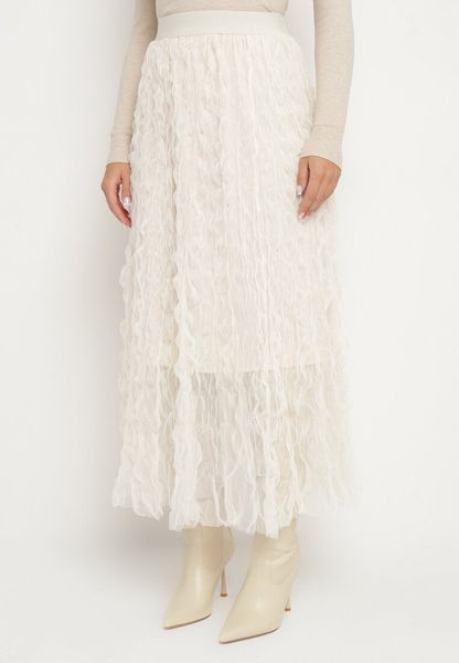 Jasnobeżowa Rozkloszowana Spódnica z Półtransparentnego Materiału z Ozdobnym Tłoczeniem Zerivra. Brązowe spódniczki damskie Born2be, l, bez wzorów, eleganckie, maxi, proste. Za 79.99 zł.