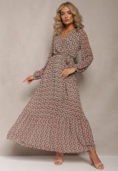 Zielono-Czerwona Sukienka Kopertowa z Falbanką i Wiązanym Paskiem Gjerana. Zielone sukienki damskie Renee, na spacer, l, bez wzorów, eleganckie, bez kołnierzyka, bez ramiączek, maxi, kopertowe. W wyprzedaży za 97.99 zł.